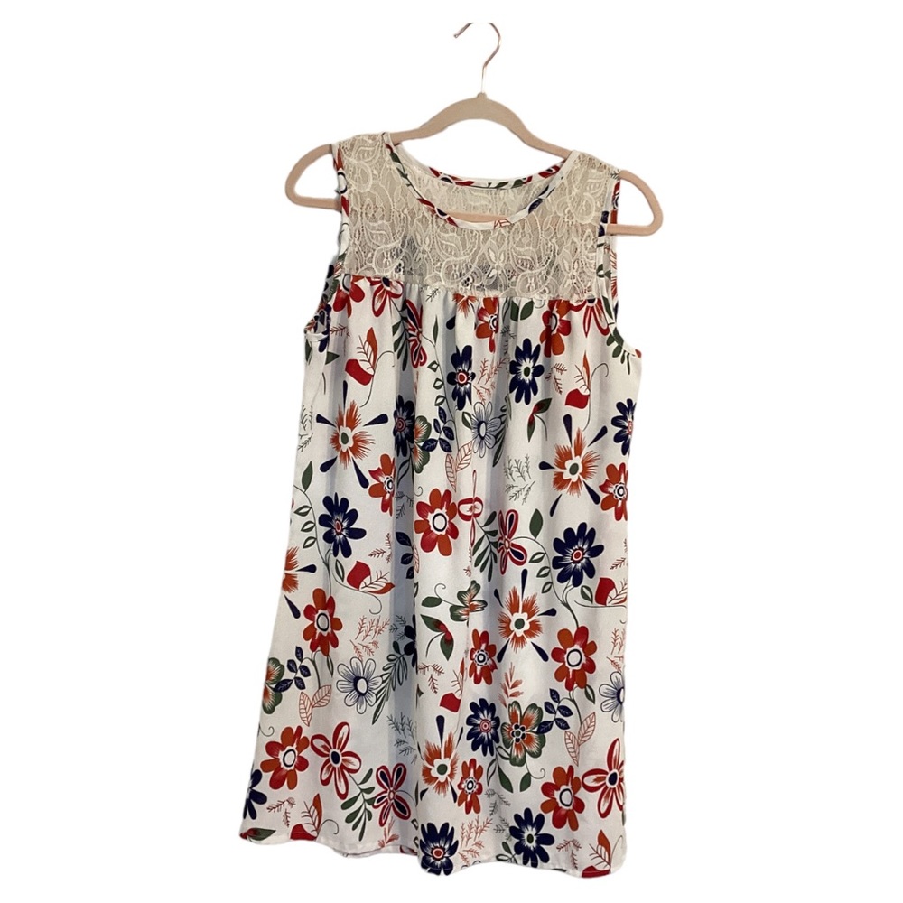 White Lace Splicing Floral Relaxed Sleeveless Round Neck Tank Top Dress Size LG